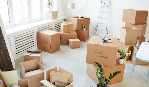 Room full of packed boxes ready to move